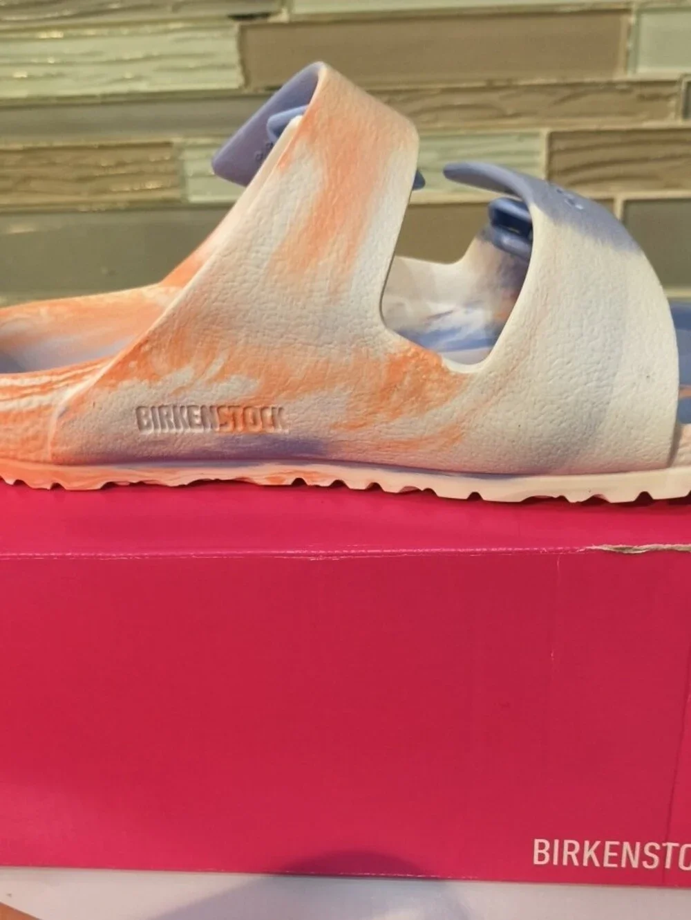 Birkenstock Kids Two-Strap Slides in Light Blue and Peach Tie-Dye